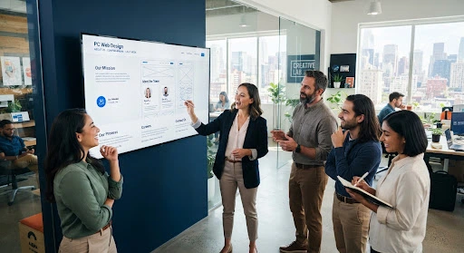A diverse team of professionals collaborating in a bright modern agency office